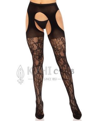 Стрип-колготки Leg Avenue Eyelet lace suspender hose, One Size, чорні, ажурні, з відкритим доступом 110095 фото