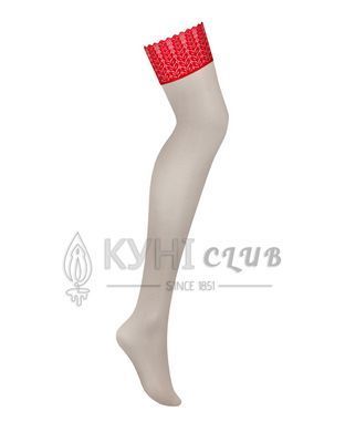 Чулки Obsessive Ingridia stockings XS/S, бежевые с красной резинкой 107061 фото