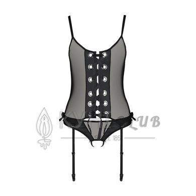 Корсет зі шнурівкою Passion NESSY CORSET S/M black, стрінги з відкритим доступом, пажі для панчіх 106325 фото