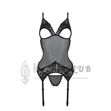 Корсет із підв’язками та ажурним ліфом Passion CHRISTA CORSET L/XL, black, стрінги в комплекті 103654 фото