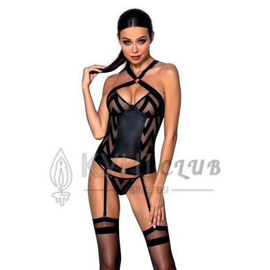 Сітчастий комплект з візерунком Passion HIMA CORSET L/XL black корсет з халтером, підв'язки, трусики 102935 фото