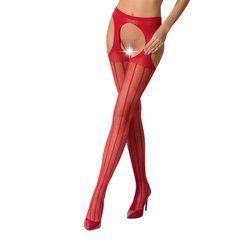 Эротические колготки-бодистокинг Passion S018 red, имитация чулок с вертикальными полосками и пояс 100807 фото