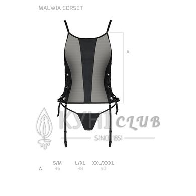 Сетчатый корсет из эко-кожи, с люверсами и съемными пажами Malwia Corset black L/XL — Passion, стрин 103663 фото