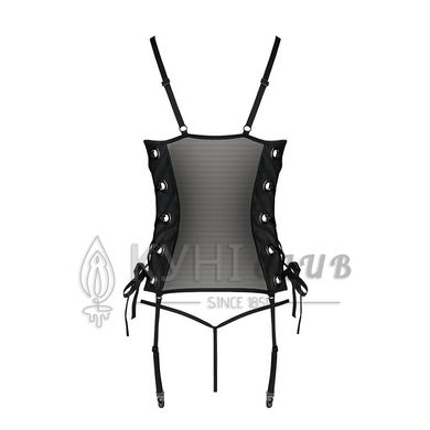 Сетчатый корсет из эко-кожи, с люверсами и съемными пажами Malwia Corset black L/XL — Passion, стрин 103663 фото