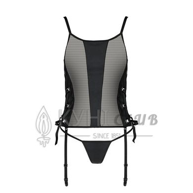 Сітчастий корсет з люверсами та знімними пажами Passion MALWIA CORSET L/XL black, екошкіра, стрінги 103663 фото